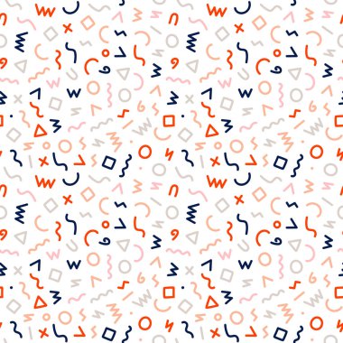 Memphis tarzı kusursuz bir model. Geometrik elementler ve şekillerle soyut vektör illüstrasyonu.