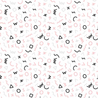 Memphis tarzı kusursuz bir model. Geometrik elementler ve şekillerle soyut vektör illüstrasyonu.