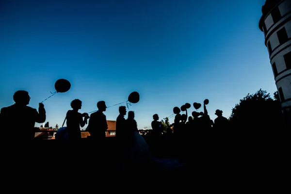 Silhouetten Von Paar Und Ihren Freunden Auf Der Hochzeitsfeier Sho — Stockfoto