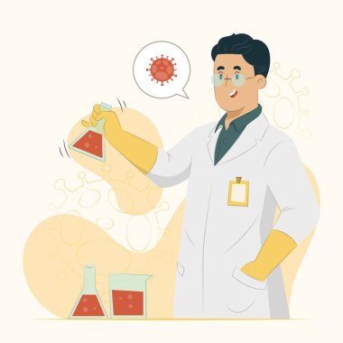 Aşı geliştirme konsepti afiş, poster, web sitesi vs. için erkek doktor asistanı illüstrasyonu.