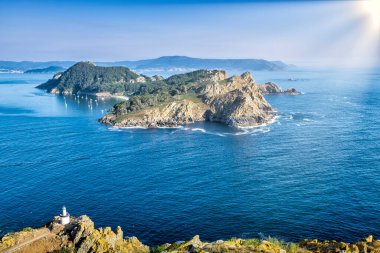 San Martino Adası, Montefaro 'nun tepesinden Galiçya' nın Cies Adaları 'nda, mavi bir Atlantik Okyanusu' nda, güneşli bir gökyüzünde ve ön planda sarı bitki örtüsü ve deniz feneri, panoramik