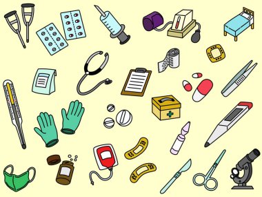 Tıbbi şırıngalar, stetoskoplar, kadın yatakları, ilaçlar, mikroskoplar, maskeler, lastik eldivenler, termometreler, yapıştırıcı sıvalar, sfinometreler, vs..