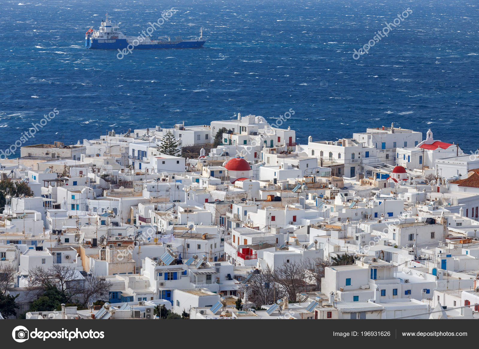 aerial view city chora hill sunny day greece island mykonos chora