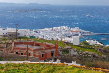 Chora. Mykonos. Şehrin havadan görünümü.