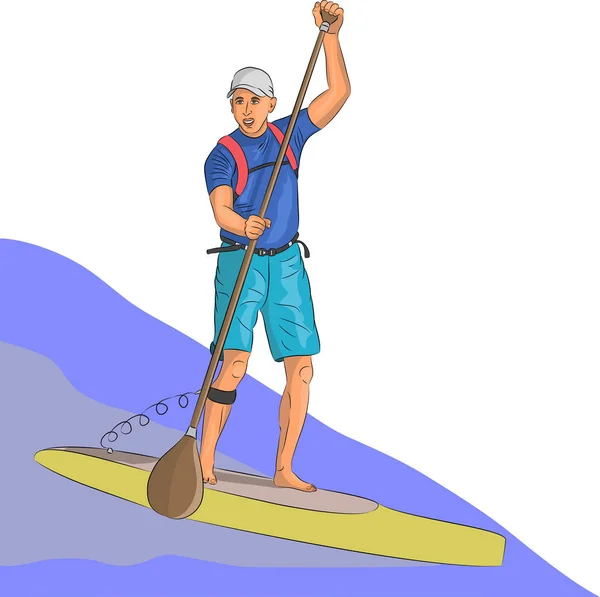 Vector. Surfer on the board with a paddle. — Stock Vector