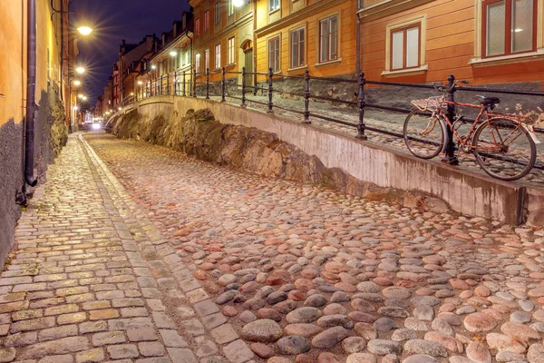 Staré Středověké Tradiční Ulice Noční Osvětlení Stockholm Švédsko — Stock fotografie