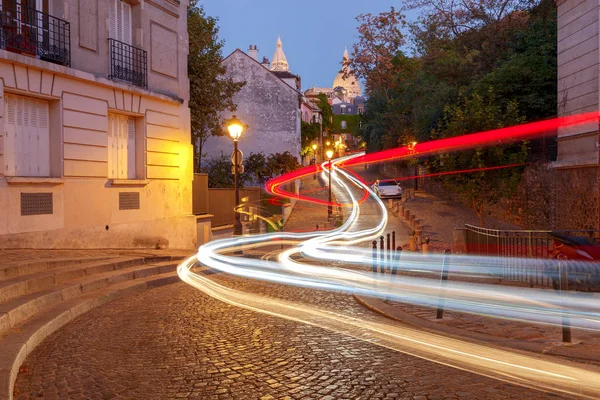 Vista Antigua Calle Colina Montmartre Iluminación Nocturna París Francia — Foto de Stock