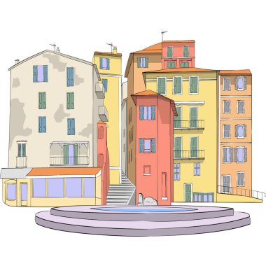 Vektör. Menton'un tarihi kesiminde renkli ortaçağ evleri.