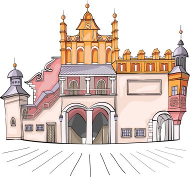 Vektör. Polonya. Krakow. Antik bina Kumaş Salonu.