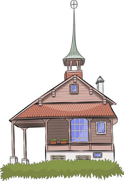 Vector. Old catholic chapel with a bell tower. — Stock Photo, Image