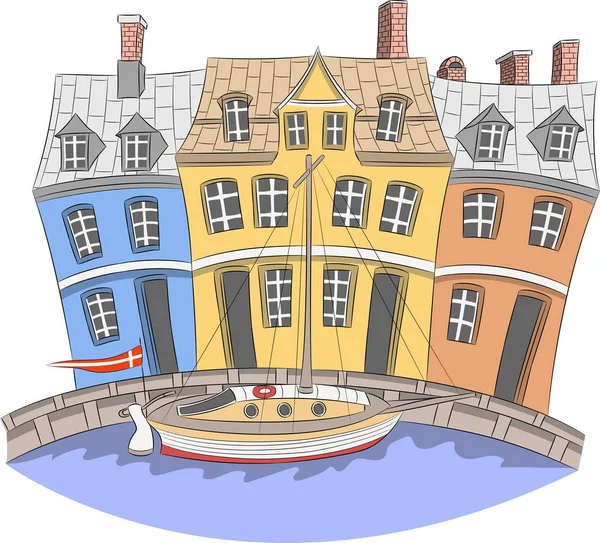 向量。哥本哈根历史部分的传统中世纪房屋. — 图库矢量图片