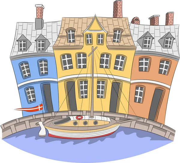 Vector. Traditional medieval houses in the historical part of Copenhagen. — Stock Vector