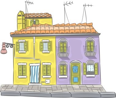 Vektör. Burano adasında eski evler.