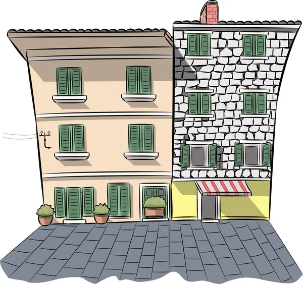 Vecteur. Maisons anciennes colorées dans la partie historique d'Omis . — Image vectorielle