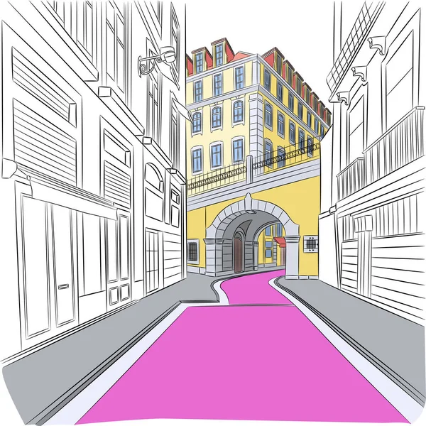 Lissabon. Roze straat. — Stockvector