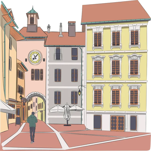 Antigua calle medieval en la ciudad francesa Annecy . — Archivo Imágenes Vectoriales