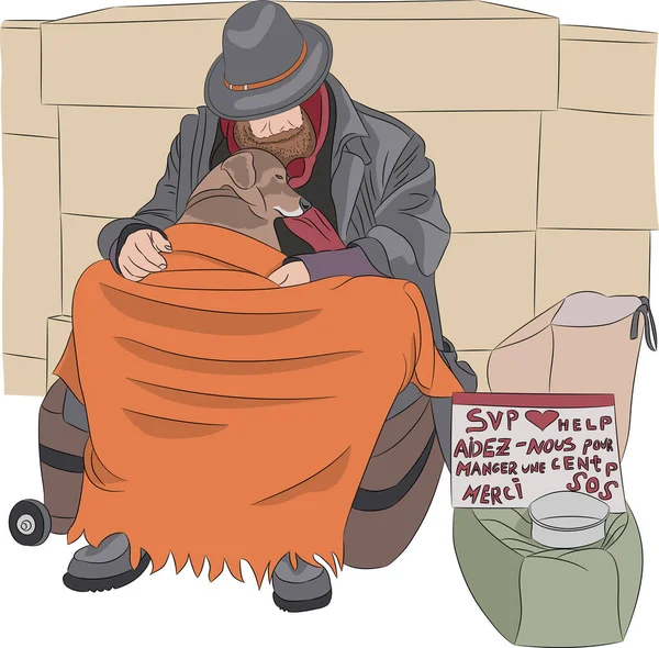 可怜的无家可归的人在街上带着一只狗. — 图库矢量图片