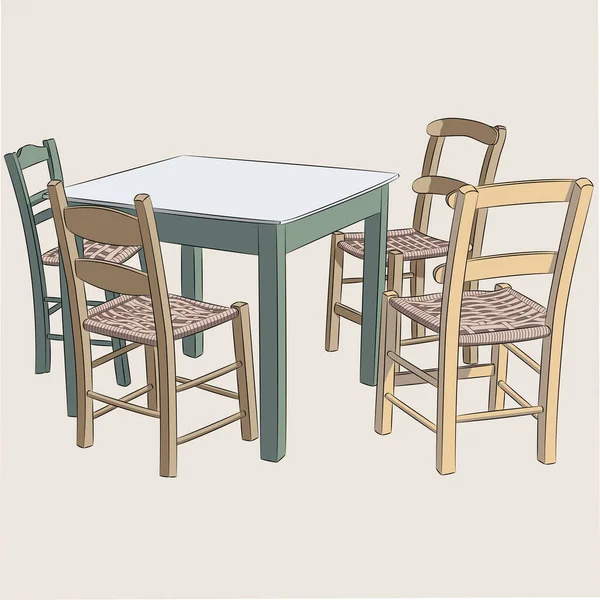 Mesa de madera y cuatro sillas . — Vector de stock