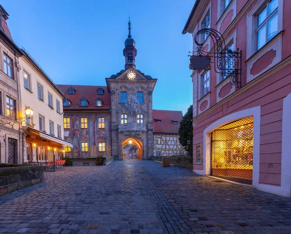 Building Old Medieval Town Hall Bridge River Dawn Bamberg Bavaria — Stock Photo, Image
