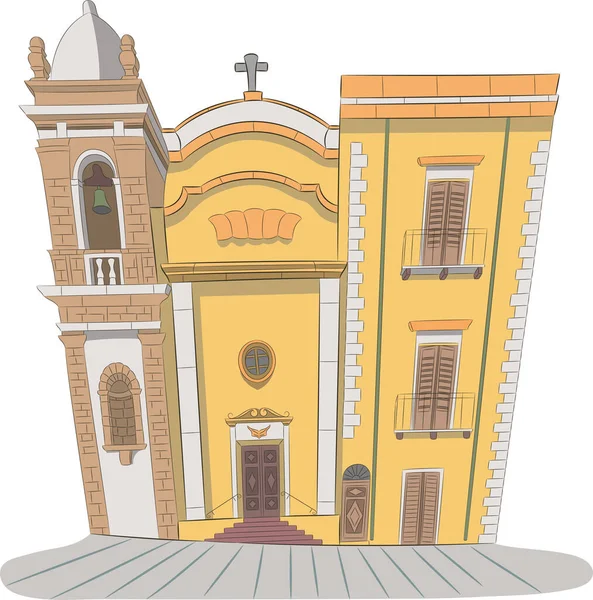 Uma Igreja Católica Pedra Tradicional Com Uma Torre Sineira Cidade — Vetor de Stock