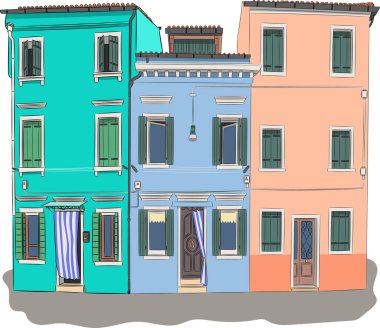 Burano adasındaki eski renkli evler. Venedik.