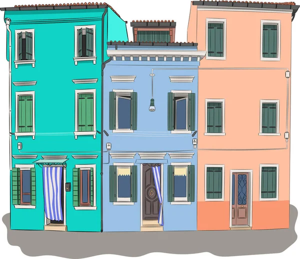 Old colorful houses on the Burano island. Venice. — Stock Vector