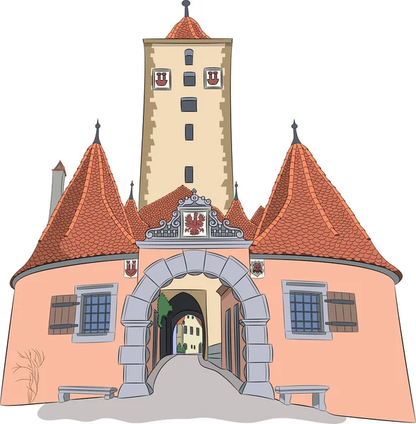 Rothenburg ob der Tauber. Puerta de la ciudad vieja Burtorg. — Vector de stock