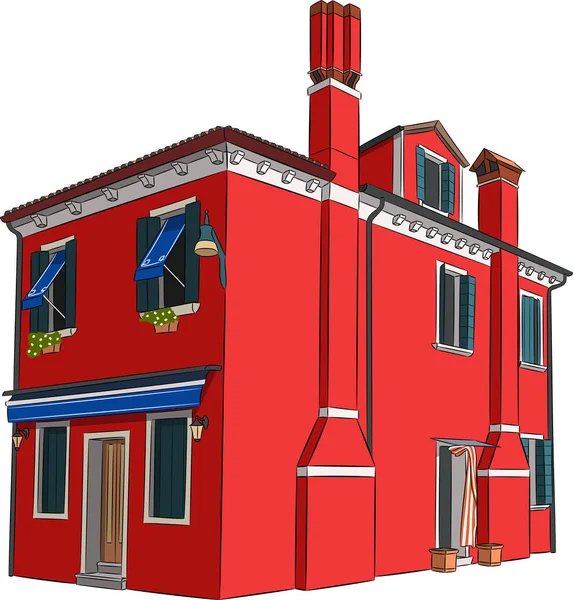 Bright Red Facade Traditional House Island Burano Venice Italy — Stock Vector