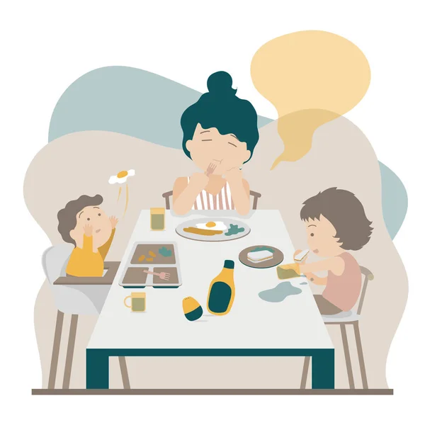 Flat Design Family Routine Tired Looked Mommy Has Breakfast Her — Stock Vector