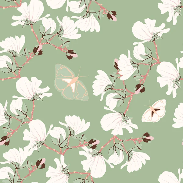 Magnolias sömlös blommönster. Orientalisk botanisk blommande motiv spridda slumpmässigt. Sömlös vektor konsistens. Utskrift med i handen ritade stil i mint bakgrund. — Stock vektor