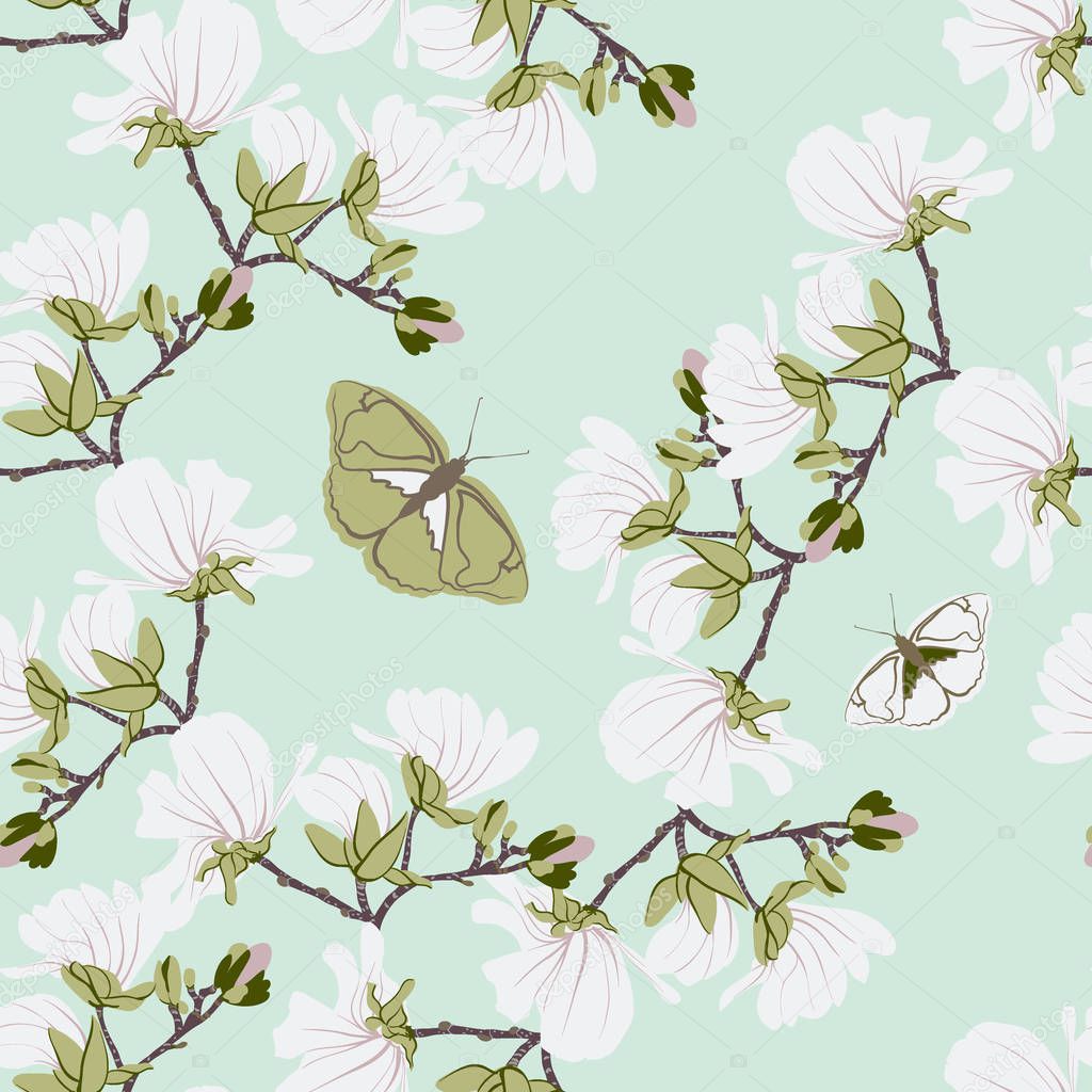 Magnolias Floral seamless pattern. Vanilla mint botanical blooming Motifs scattered random. Seamless vector texture. Printing with in hand drawn style in mint background.