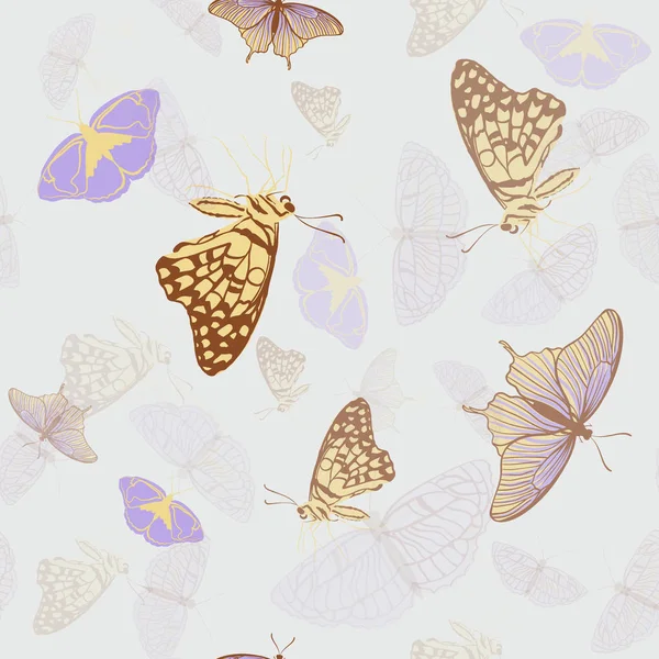 Цветочные бесшовные бабочки. Мотивы ванильной мятной бабочки разбросаны случайным образом. Летняя бесшовная векторная фактура. Печать с ручным рисунком на фоне мяты . — стоковый вектор