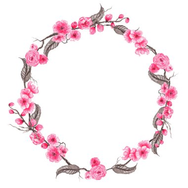 El suluboya resim çekilmiş. Botanik çelenk çiçek açan sakura. Bahar ruh. Çiçek tasarım öğeleri. Davetiye, tebrik kartları, parmak izi, afiş, vb ambalaj için mükemmel