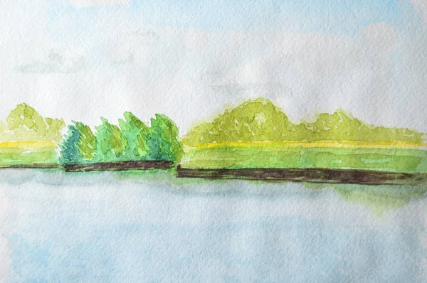 Akvarel, zobrazení stromů přes vodu ráno — Stock fotografie