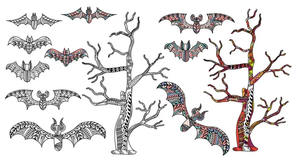 Disegno di pipistrelli scarabocchiare, illustrazione carina, pagine da colorare di Halloween, albero isolato, disegno vettoriale — Vettoriale Stock