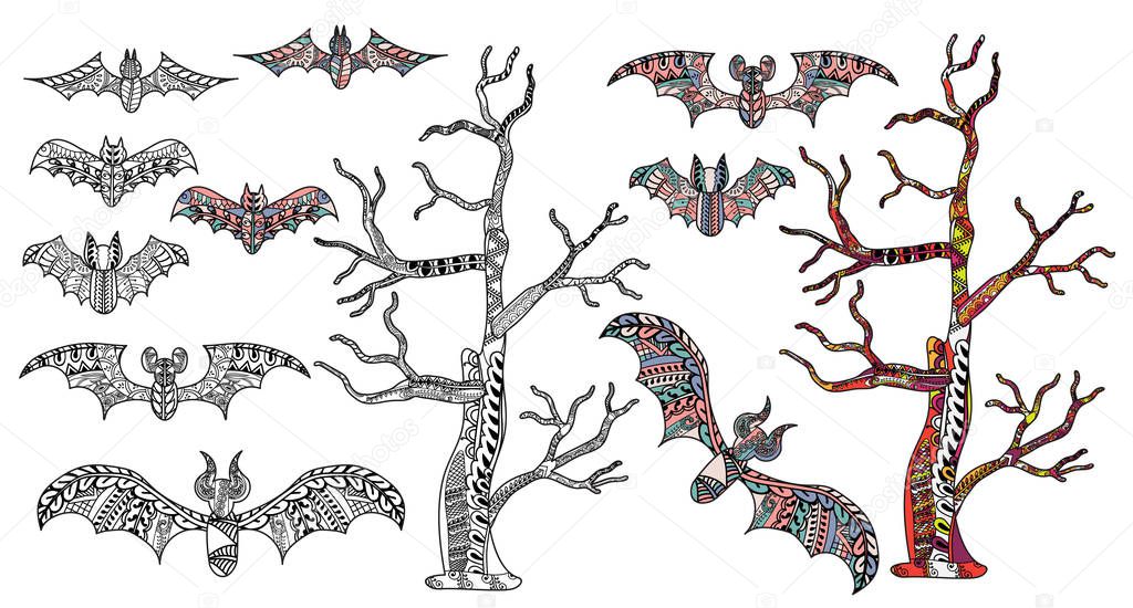 Coloring books pages doodle bats sketch, cute illustration, Halloween coloring pages, isolated tree, vector drawing