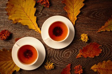 Sonbahar yapraklı bir fincan çay. Üst görünüm