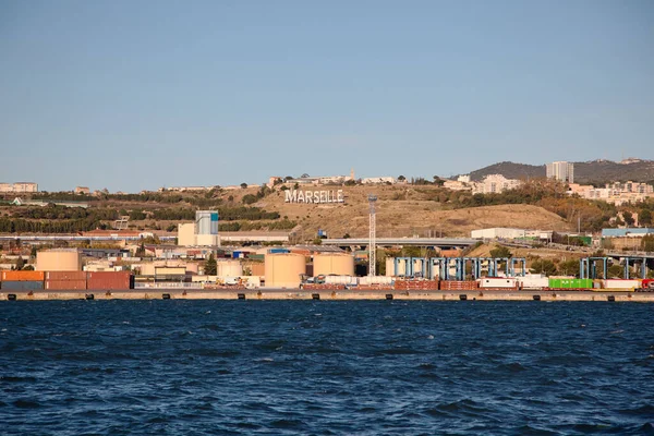 Commercial port of marseille. view from the sea — Stock Photo, Image