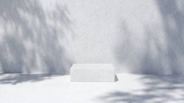 Paketleme sunumu ve kozmetik için podyum. Beyaz beton desenli, gölgeli, taş desenli, güneş ışığında doğal güzellik kaidesi olan ürünler. Gerçekçi 3D görüntüleme. 3d illüstrasyon.