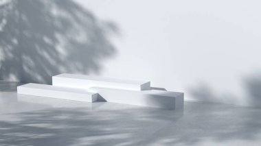 Paketleme sunumu ve kozmetik için Podyum Adımları. Beyaz beton desenli, gölgeli, taş desenli, güneş ışığında doğal güzellik kaidesi olan ürünler. Gerçekçi 3D görüntüleme. 3d illüstrasyon.