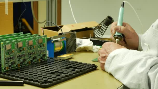 Footage Engineer Soldering Circuit Board Electronics Production — Stock Video