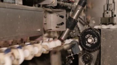 Tavuk çiftliğindeki yumurta taşıyıcısının yakın çekim görüntüleri.