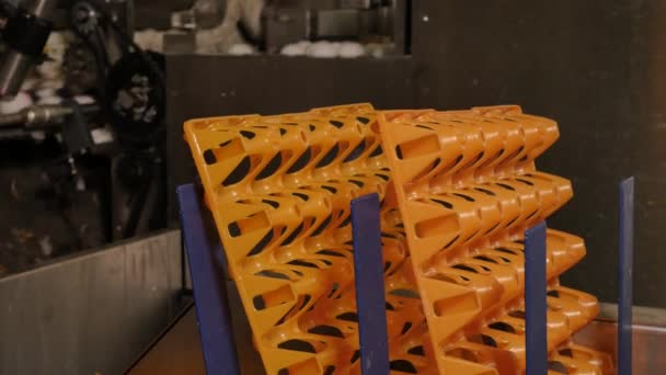 鸡场蛋厂橙色蛋架的特写镜头 — 图库视频影像