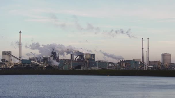 Factory Tata Stål Med Rygende Skorstene Solrig Aften Ijmuiden Holland – Stock-video