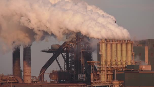 Factory Tata Steel Met Rookschoorstenen Zonnige Avond Ijmuiden Nederland — Stockvideo