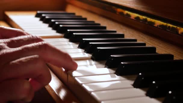 Крупним Планом Кадри Людини Грає Піаніно Підсвічуванням — стокове відео