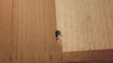 Traktör, Flevopolder Holland 'da, Aerial' da toprağı tozla kaplıyor.