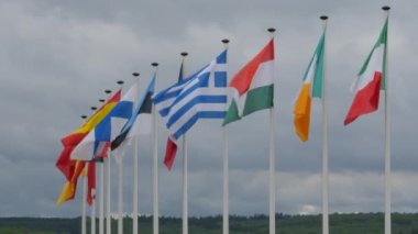 Bulutlu arkaplanda dalgalanan çeşitli Avrupa bayraklarının yakın plan görüntüleri