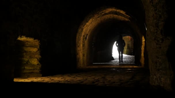 Filmato Persona Che Cammina Nel Tunnel Dell Antico Castello — Video Stock