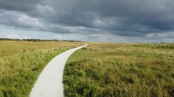 Pista Ciclabile Attraverso Marshland Pov Guida Strada Schiermonnikoog Paesi Bassi — Video Stock